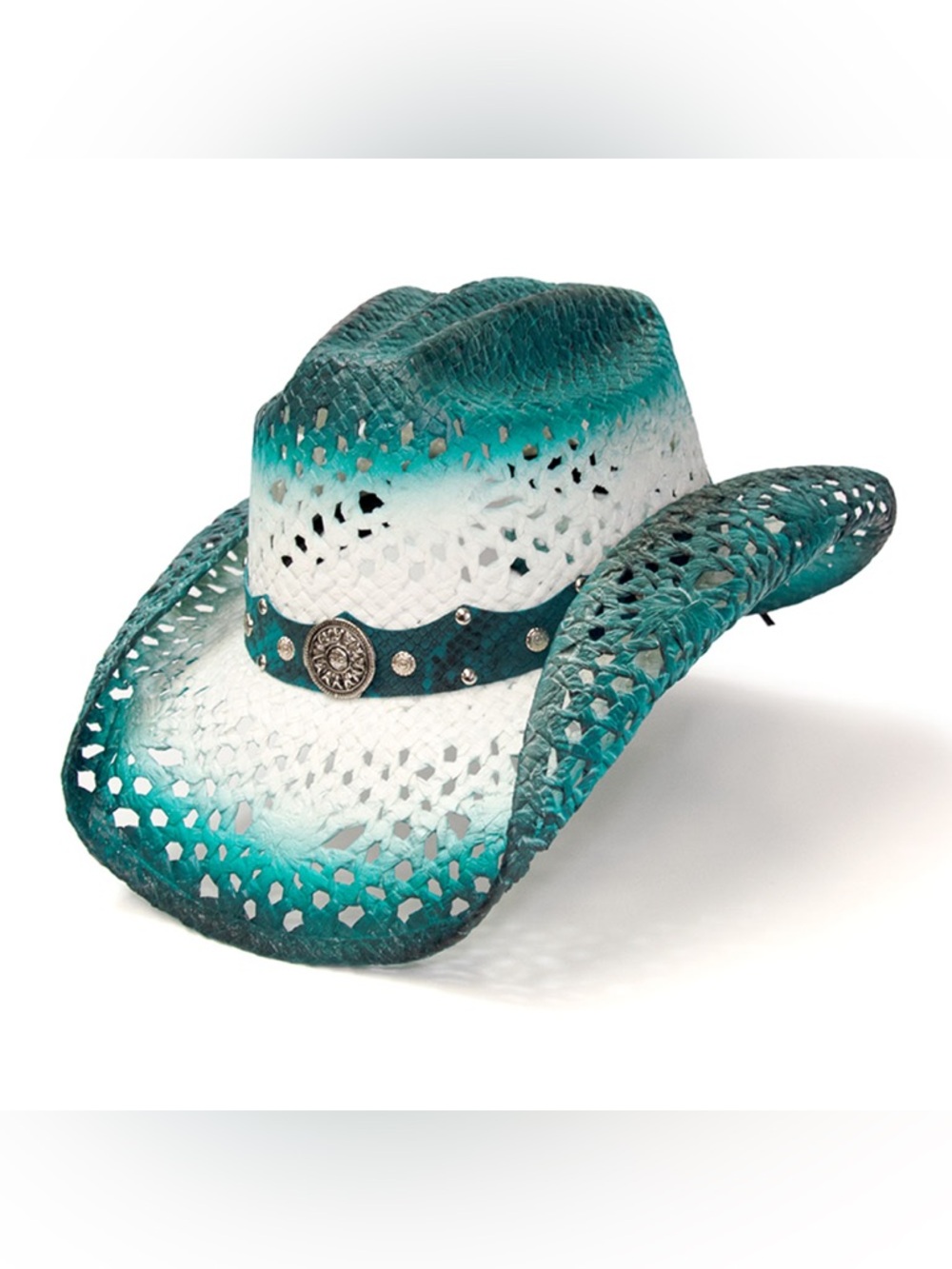S/M Nu Shuz Key West Aqua Blue Green Ombre Concho Band Woven Straw Cowboy Hat